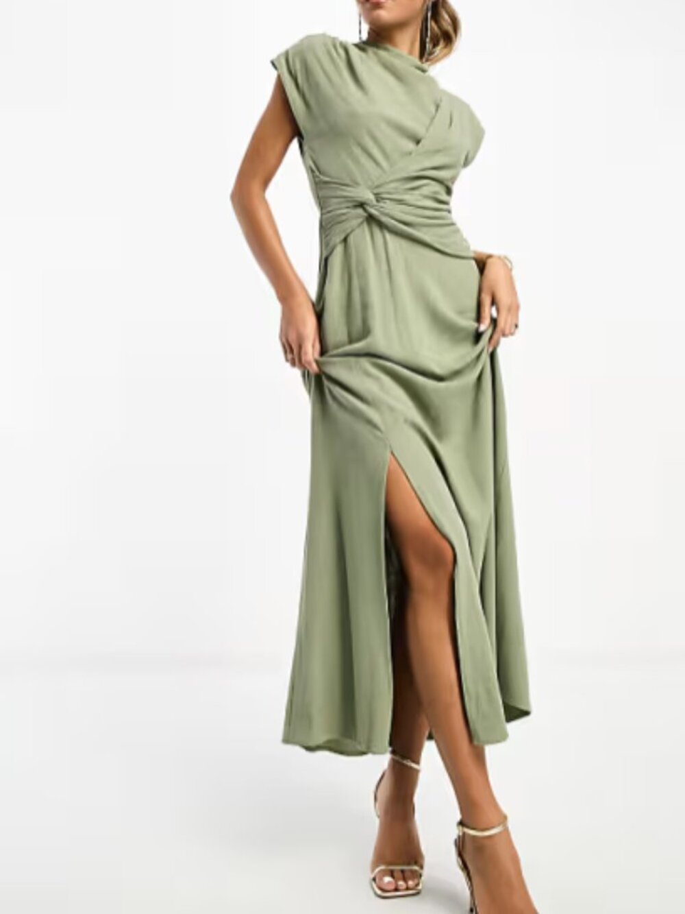 ASOS DESIGN linen high neck twist front midi dress in khaki US 8